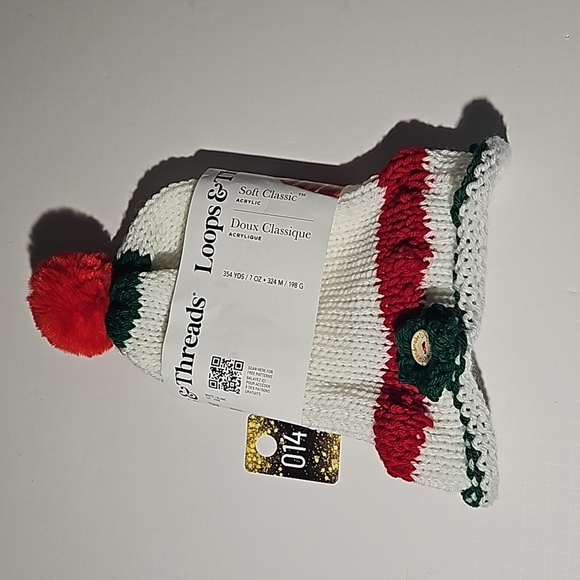 Hand Crafted Holiday Pom Pom Beanie Handmade white red and green floral detail - Picture 5 of 17